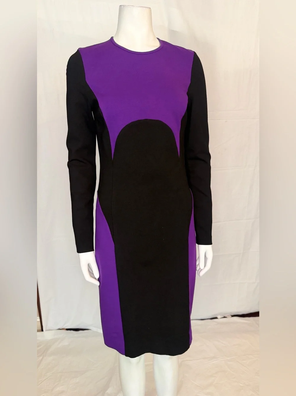 Michael Kors Purple and Black Long Sleeve Colorblock Sheath Dress